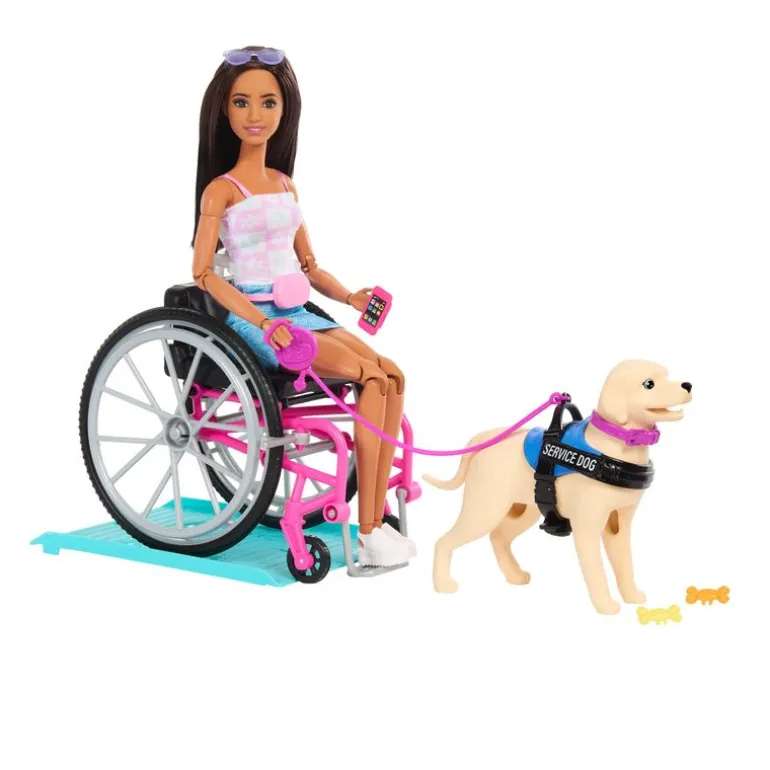 Barbie Inclusión Fashion Doll & Beauty con Silla de Ruedas y Perro Labrador de Servicio