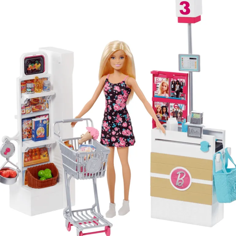 Barbie Set de Super Mercado con Caja Registradora, Carrito de compra y más de 25 accesorios