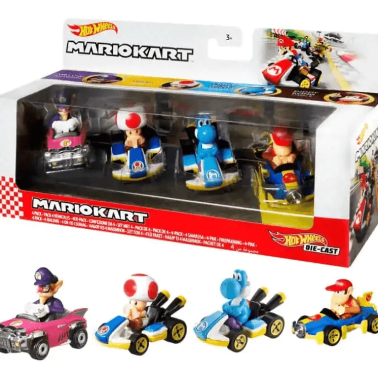 Hot Wheels Mario Kart Set de 4 Vehículos, Incluye: Yoshi, WaLuigi, Toad y Diddy Kong