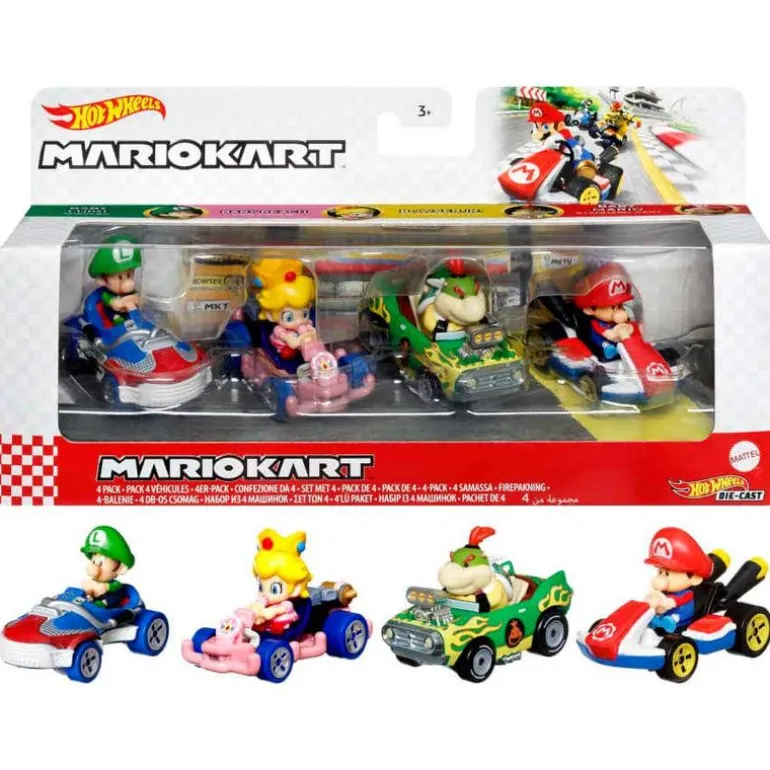 Hot Wheels Mario Kart Set de 4 Vehículos, incluye: Baby Mario, Baby Princesa Peach, Baby Luigi y Baby Bowser