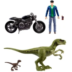 Jurassic World Animado Set de Juegos con Dos Dinosauiros, Motocicleta, Personaje Kenji y Realidad Aumentada
