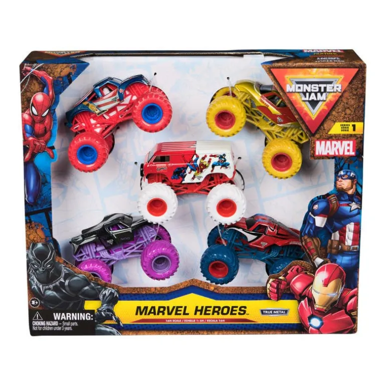 Monster Jam Avengers Marvel Set de 5 Vehículos: Capitán América, Spiderman, Iron Man y Black Panther