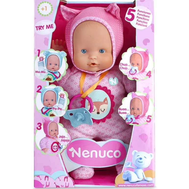 Nenuco Muñeca que dice Mamá, Papá, Popo, Succiona y llora sin su Chupón. Outfit Rosa