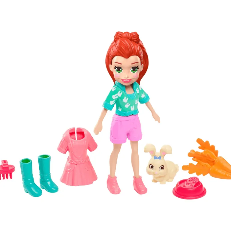 Polly Pocket Muñeca Lila y su Conejito con 6 Accesorios
